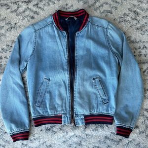 Denim Jacket with Red and Navy Lining Along Neck, Waist, and Wrists - Small